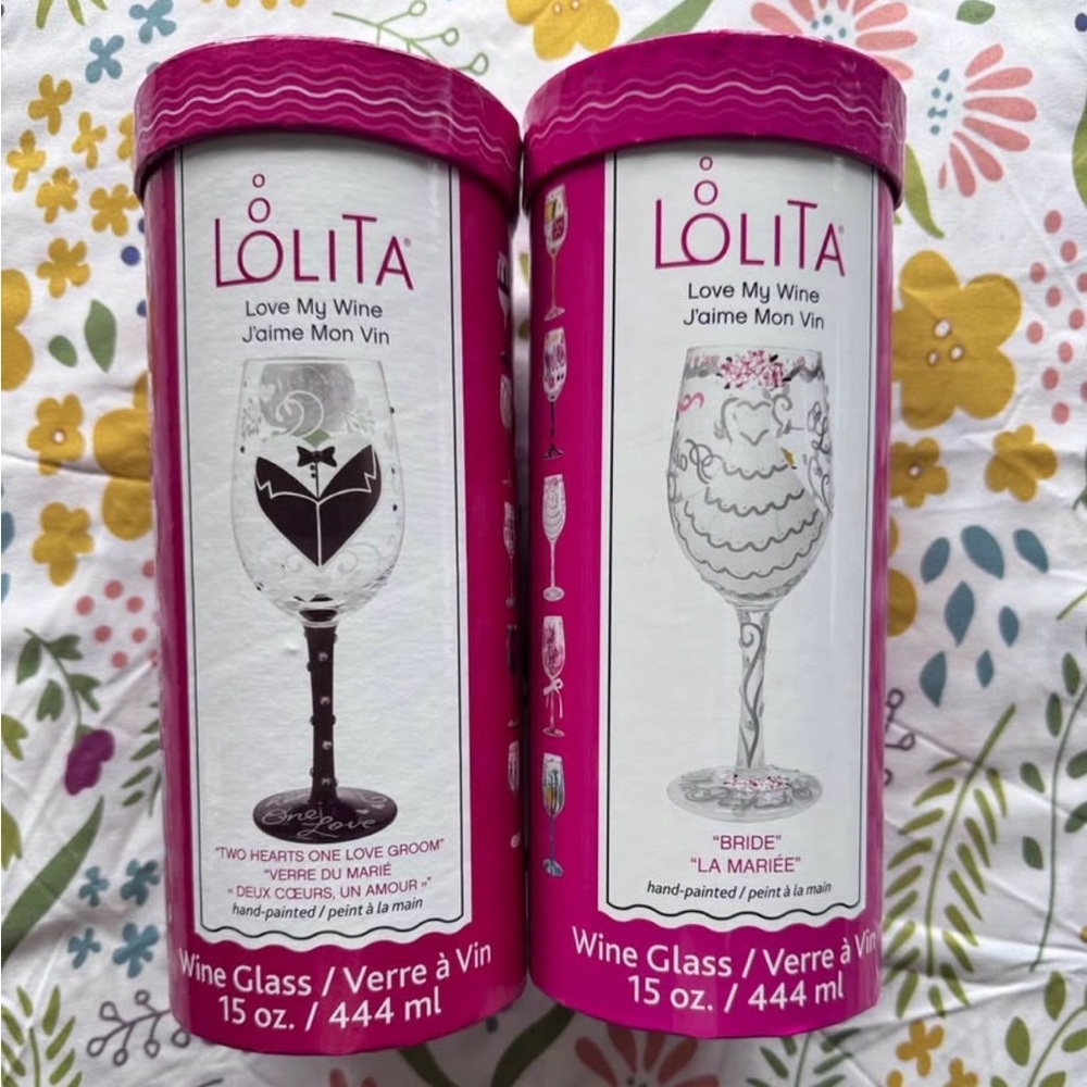 NIB Lolita hand painted Wine Glass - Bride Groom Wedding